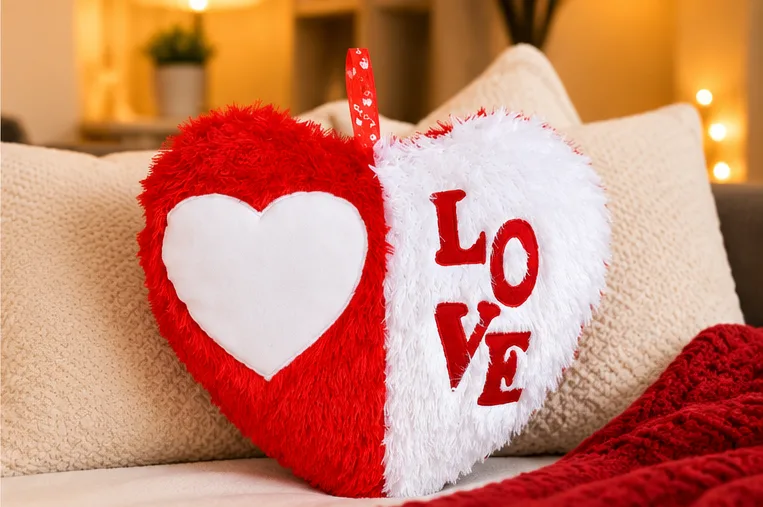 Red & White Fluffy LOVE Heart Cushion thumbnail 4