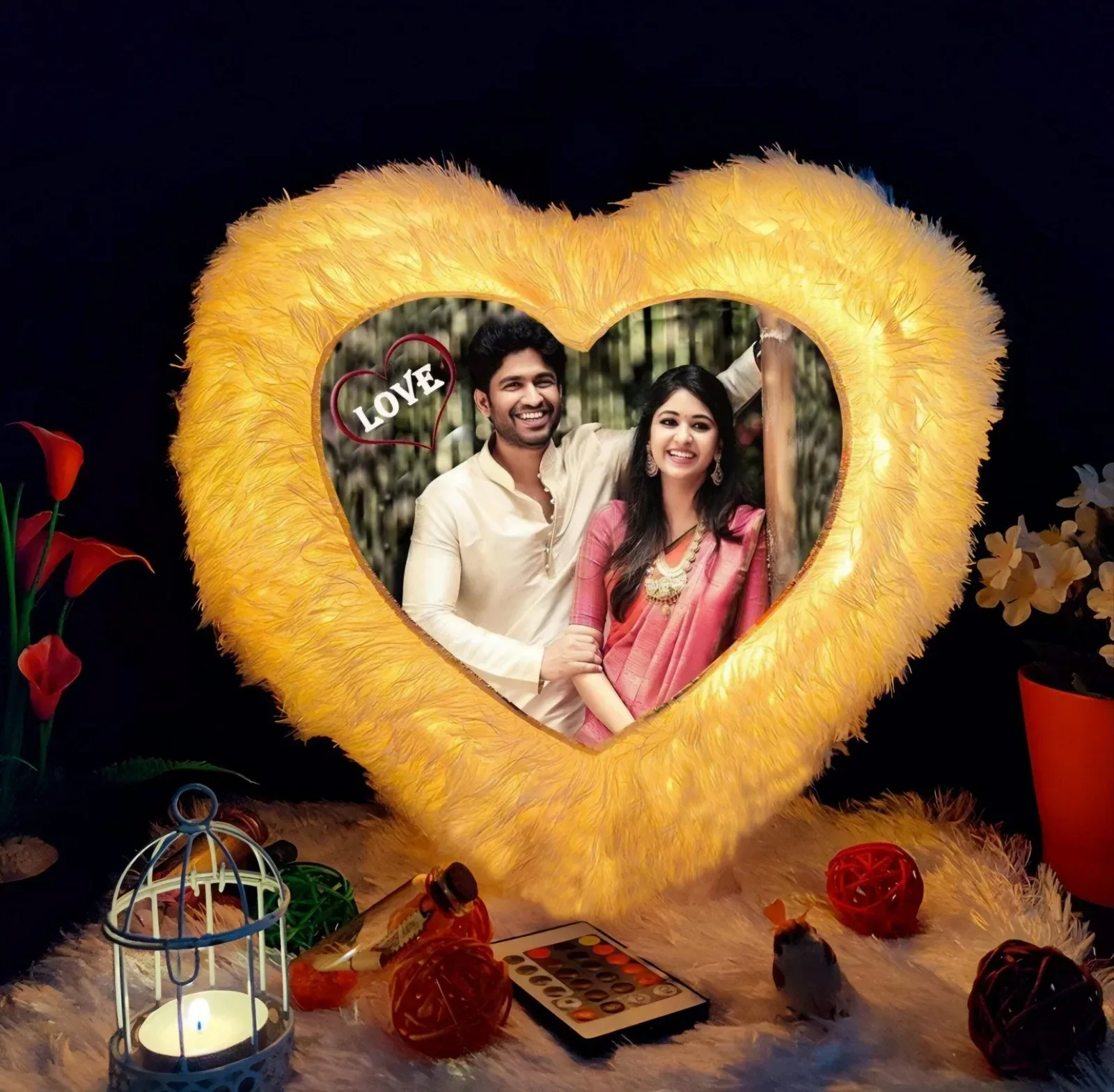 YELLOW LED HEART CUSHION WITH BATTERY