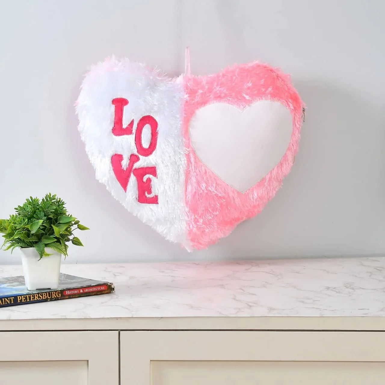 Pink & White Fluffy LOVE Heart Cushion