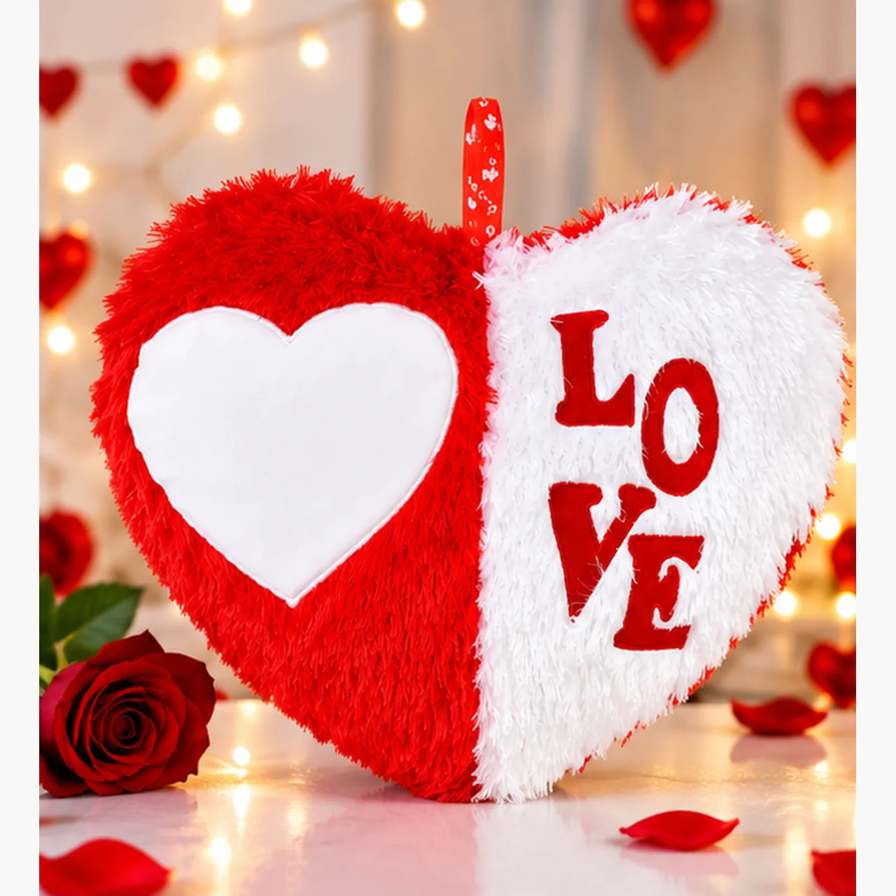 Red & White Fluffy LOVE Heart Cushion
