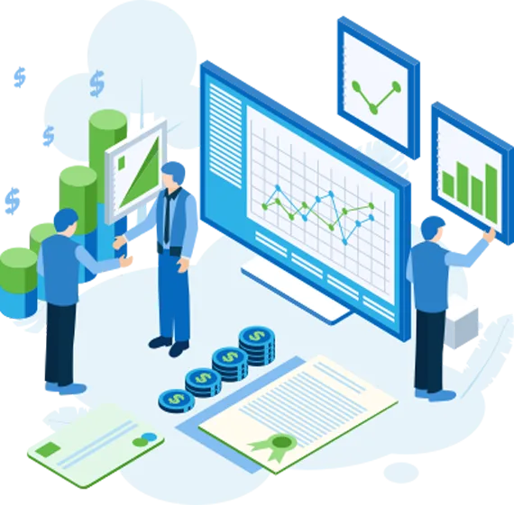 Illustration of a team reviewing charts on large screens
